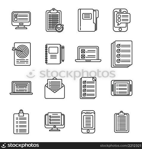 Assignment icons set outline vector. Fast exam. Business agenda. Assignment icons set outline vector. Fast exam