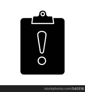 Assignment late glyph icon. Clipboard with exclamation mark. Silhouette symbol. Negative space. Vector isolated illustration. Assignment late glyph icon