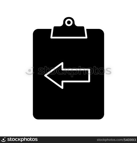 Assignment return glyph icon. Silhouette symbol. Clipboard with left arrow. Negative space. Vector isolated illustration. Assignment return glyph icon
