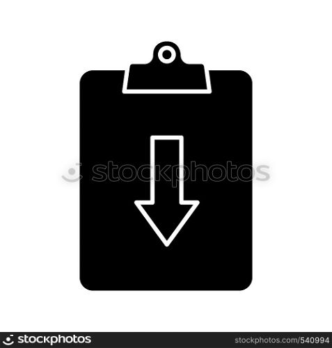 Assignment returned glyph icon. Silhouette symbol. Clipboard with down arrow. Negative space. Vector isolated illustration. Assignment returned glyph icon