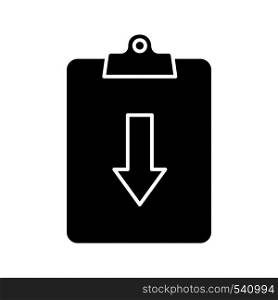 Assignment returned glyph icon. Silhouette symbol. Clipboard with down arrow. Negative space. Vector isolated illustration. Assignment returned glyph icon