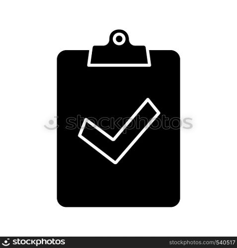 Assignment turned in glyph icon. Silhouette symbol. Successfully tested. Clipboard with check mark. Negative space. Vector isolated illustration. Assignment turned in glyph icon