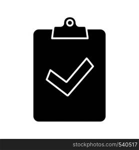 Assignment turned in glyph icon. Silhouette symbol. Successfully tested. Clipboard with check mark. Negative space. Vector isolated illustration. Assignment turned in glyph icon