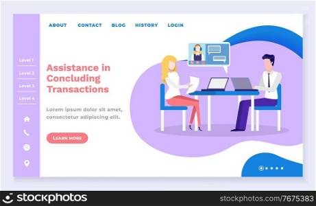 Assistance in concluding transactions, man and woman talking about financial details. Hotline providing details and information. Website or webpage template, landing page, vector in flat style. Assistance in Concluding Transactions, Website