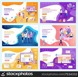 Assistance in concluding, transactions posters set with text vector. Successful team, marketing and seo optimization, collaboration of team workers. Assistance in Concluding Transactions Posters Set