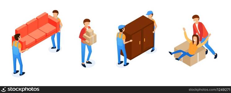 Assistance in Transporting Furniture Cartoon. High Quality, Timely Execution Work on Loading Things and Furniture. Employees Will Carry Cargo Various Sizes Without Damage. Vector Illustration.