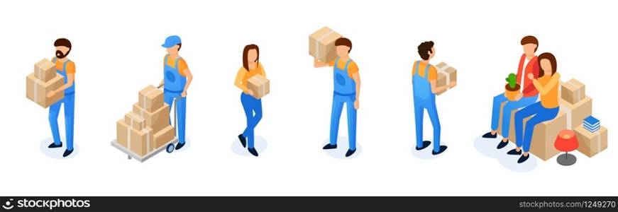 Assistance in Transporting Things Cartoon Flat. Small People on White Background. Men Uniform do Work Porters. Boy and Girl are Sitting on Packed Boxes and Wait. Vector Illustration.