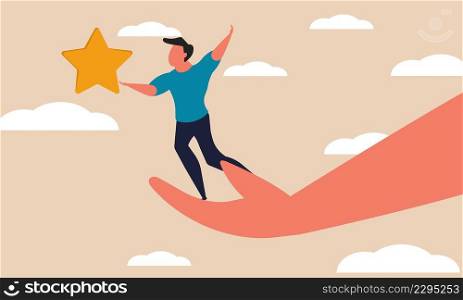 Assistance mentor and star lift overcome. Person winner business goal with hand help vector illustration concept. Coach mentoring and service inspiration people. Support employee and motivational up