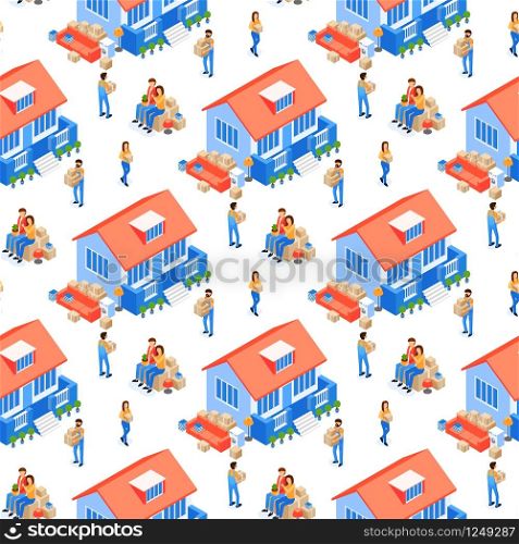 Assistance to Family in Transportation Things Seamless Pattern. Men and Women Work Clothes Carry Boxes. Beside Beautiful House are Unloaded Boxes and Furniture. Couple is On Box. Vector Illustration.. Family is Moving House Seamless Pattern Vector.
