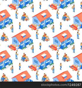 Assistance to Family in Transportation Things Seamless Pattern. Men and Women Work Clothes Carry Boxes. Beside Beautiful House are Unloaded Boxes and Furniture. Couple is On Box. Vector Illustration.. Family is Moving House Seamless Pattern Vector.