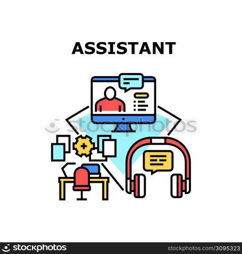 Assistant Work Vector Icon Concept. Assistant Work At Company Office Workspace, Video Call Online Remote Assistance And Advise Or Call Center Support For Helping Customer Color Illustration. Assistant Work Vector Concept Color Illustration