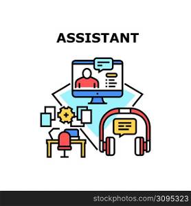 Assistant Work Vector Icon Concept. Assistant Work At Company Office Workspace, Video Call Online Remote Assistance And Advise Or Call Center Support For Helping Customer Color Illustration. Assistant Work Vector Concept Color Illustration