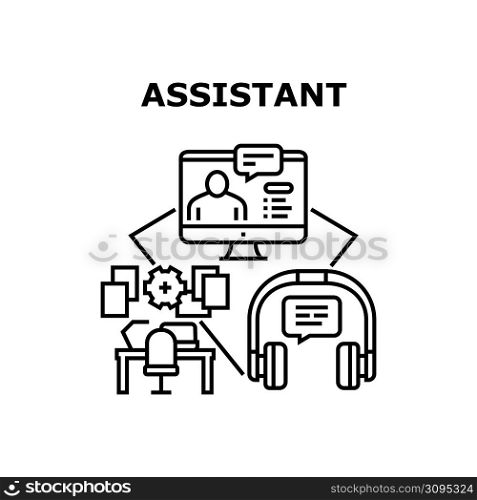 Assistant Work Vector Icon Concept. Assistant Work At Company Office Workspace, Video Call Online Remote Assistance And Advise Or Call Center Support For Helping Customer Black Illustration. Assistant Work Vector Concept Color Illustration