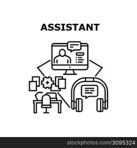 Assistant Work Vector Icon Concept. Assistant Work At Company Office Workspace, Video Call Online Remote Assistance And Advise Or Call Center Support For Helping Customer Black Illustration. Assistant Work Vector Concept Color Illustration