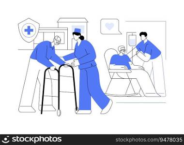 Assisted living facility abstract concept vector illustration. Group of senior patients with nurse in hospice, palliative medicine, assisted living residence, personal care abstract metaphor.. Assisted living facility abstract concept vector illustration.