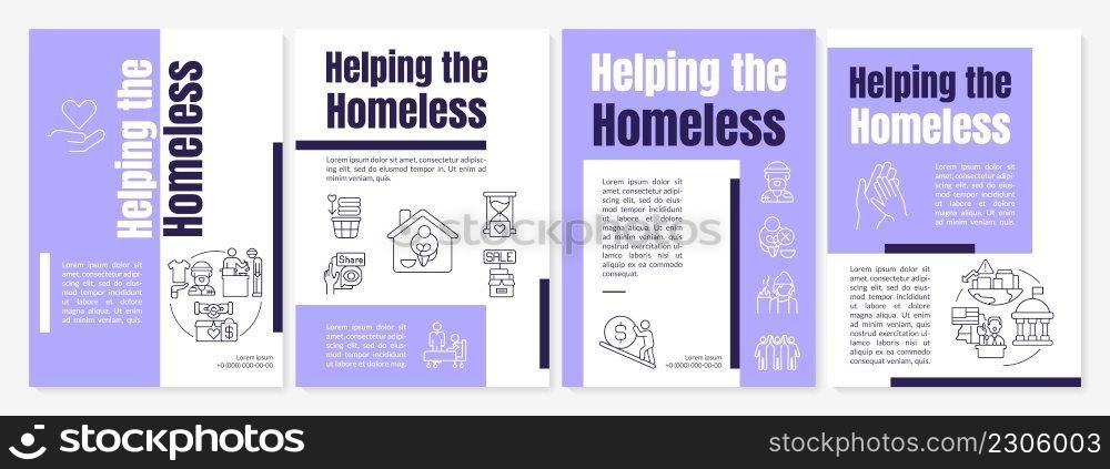 Assisting homeless people purple brochure template. Emergency shelter. Leaflet design with linear icons. 4 vector layouts for presentation, annual reports. Anton, Lato-Regular fonts used. Assisting homeless people purple brochure template
