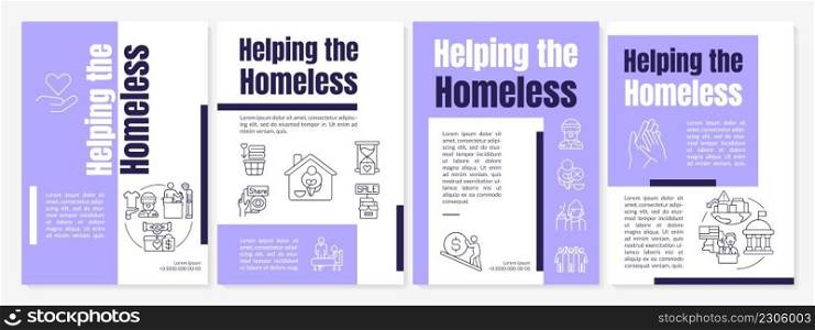 Assisting homeless people purple brochure template. Emergency shelter. Leaflet design with linear icons. 4 vector layouts for presentation, annual reports. Anton, Lato-Regular fonts used. Assisting homeless people purple brochure template