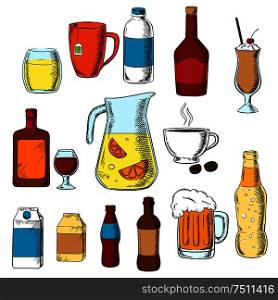 Assorted beverages, alcohol and drinks icons with fruit juice, beer, soda and champagne, milkshake and liquor, milk, coffee and whiskey. Assorted beverages, alcohol and drinks