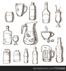 Assorted beverages and drinks icons including fruit juice, beer, soda, beer, alcohol, champagne and milkshake, liquor and milk, coffee, liqueur. Sketch style icons. Assorted alcohol beverages, juice and drinks