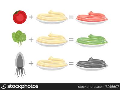 Assorted color pasta. Spaghetti and spinach-green paste. Spaghetti and tomato-red paste. Cuttlefish ink spaghetti and black pasta. Vector illustration of food on a plate.