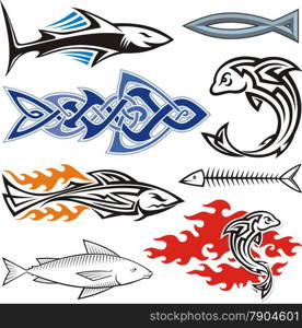 Assorted fish icons isolated on white background.