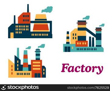 "Assorted flat factories icons design in industrial estate with a word "Factory" at the bottom suitable for industrial and technology design. Assorted chemical factories"