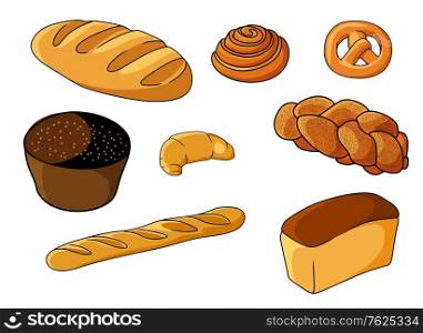 Assorted fresh cartoon bakery set with a crusty baguette, Danish pastry, pretzel, muffin, croissant, plaited loaf, white bread and roll, vector illustration on white. Set of illustrations of assorted fresh bread