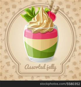 Assorted jelly dessert with candy and mint badge and food cooking icons on background vector illustration