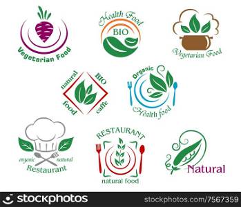 Assorted restaurant and vegetarian food symbols or signs depicting vegetarian food, health food, natural bio food cafe, organic health food, organic natural restaurant, restaurant natural food and natural suitable for food and drink industry isolated over white background. Assorted restaurant signs