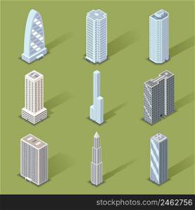 Assorted Three Dimensional Skyscraper Graphic Designs on Light Green Background.