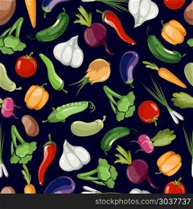Assorted vegetables vector seamless pattern on black background. Assorted vegetables vector seamless pattern on black background. Pattern with colored vegetable and illustration of harvest vegetable