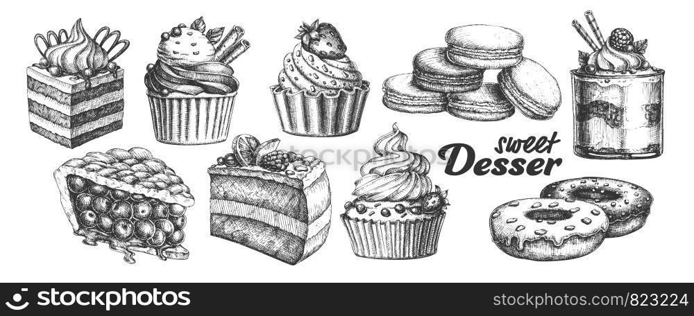 Assortment Baked Sweet Dessert Set Vintage Vector. Chocolate And Fruit Cakes, Macaroons And Donuts, Berries Pie And Creamy Caseous Dessert Concept. Designed Template Black And White Illustrations. Assortment Baked Sweet Dessert Set Vintage Vector
