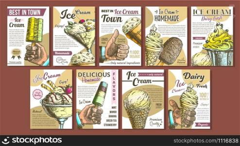 Assortment Frozen Ice Cream Set Posters Vector. Wafer Cone, Caramel Eskimo Or Chocolate Glaze Sundae With Nuts, Whipped Cream And Fruit Concept. Designed Template Colored Illustrations. Assortment Frozen Ice Cream Set Posters Vector