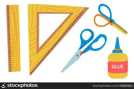 Assortment of school supplies, isolated geometric ruler and scissors for cutting. Glue in bottle and craft tools for classes and lessons. Do it yourself projects and handmade. Vector in flat style. Geometric ruler and scissors with glue in bottle