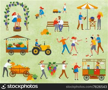 Assortment of vegetables and fruit on harvest festival in europe. People drinking and eating, playing with tomatoes, vineyard and market place. Funny spending time on harvest festival. Flat cartoon. Harvest Festival in Europe, Products Set Vector