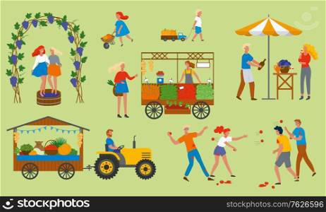Assortment of vegetables and fruit on harvest festival in europe. People drinking and eating, playing with tomatoes, vineyard and market place. Funny spending time on harvest festival. Flat cartoon. Harvest Festival in Europe, Products Set Vector