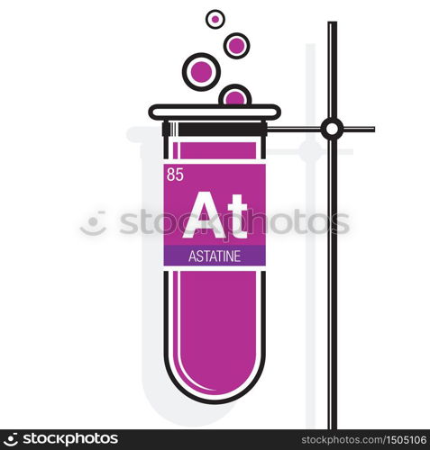 Astatine symbol on label in a magenta test tube with holder. Element number 85 of the Periodic Table of the Elements - Chemistry