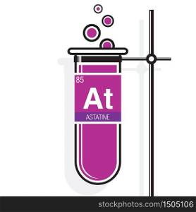 Astatine symbol on label in a magenta test tube with holder. Element number 85 of the Periodic Table of the Elements - Chemistry