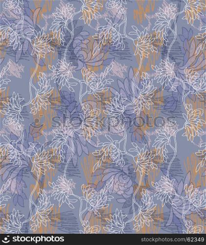 Aster flower blue with scribble.Seamless pattern.