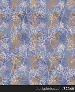 Aster flower blue with scribble.Seamless pattern.