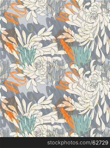 Aster flower gray on hand scribbled background.Seamless pattern.