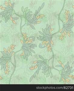 Aster flower green with scribble.Seamless pattern.