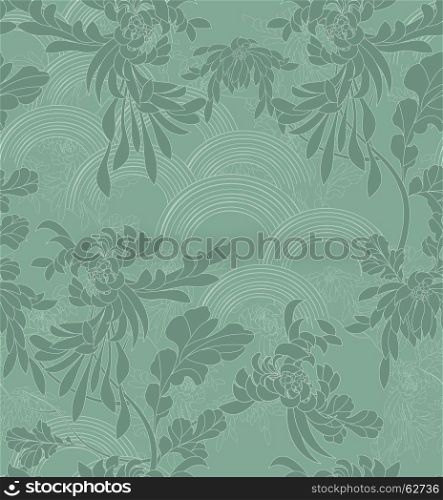 Aster flower on green arcs.Hand drawn with ink seamless background.Creative hand made brushed design.Flower pattern Japanese motives.Repainting vintage background for fashion fabric textile.
