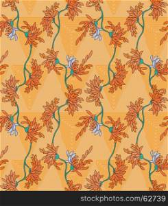 Aster flower on orange triangular geometric background.Seamless pattern.