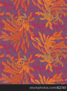Aster flower orange and green with grids.Seamless pattern.