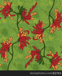 Aster flower red on green with scribble.Seamless pattern.