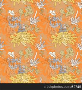 Aster flower with concentric circles orange.Seamless pattern.