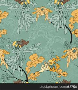 Aster flower with yellow leaves on green arcs.Hand drawn with ink seamless background.Creative hand made brushed design.Flower pattern Japanese motives.Repainting vintage background for fashion fabric textile.