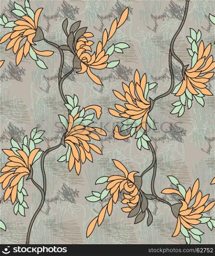 Aster flower yellow on gray with scribble.Seamless pattern.
