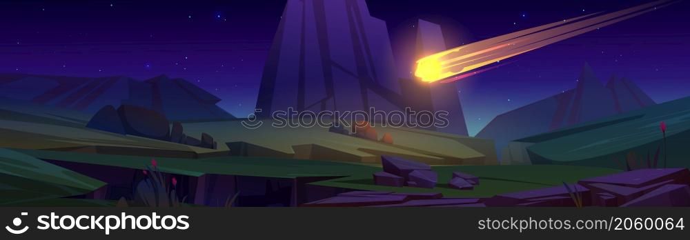 Asteroid falling on ground, prehistoric scene with meteorite flying in night sky at prehistoric landscape with green field and rocks. End of Jurassic era, Earth evolution, cartoon Vector illustration. Asteroid falling on ground, prehistoric scene